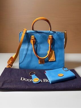 Dooney & Bourke Bright Blue Leather Tote with Tan Trim